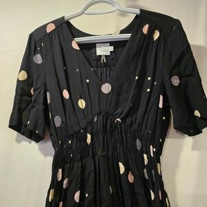 Anthropologie HD In Paris Black Polka Dot Dress Elastic Waist V Neck 12